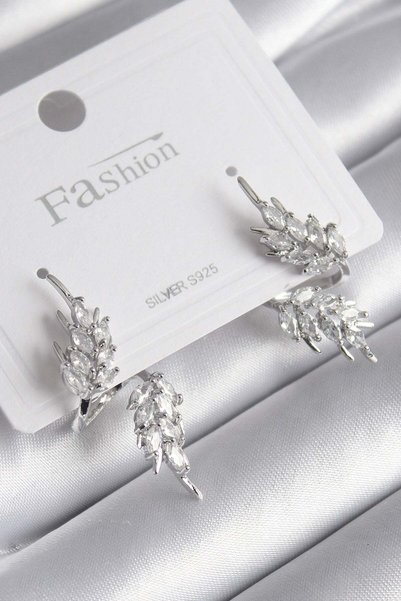 Inure Jewelry Brass Silver Color Zircon Stone Leaf Model Women's Earrings