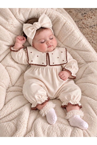 Jammybaby Maita Tulum Kare Mendil Yakalı Kalp Nakışlı Waffle %100 Pamuk Tulum...