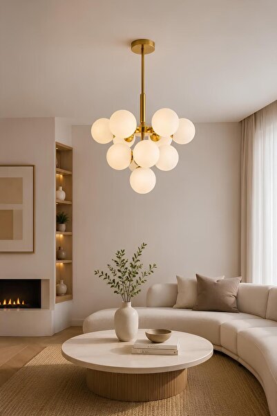 Elvora Home Modern (PREMİUM) 11'li Gold Opal Küre Avize Modern Sarkıt Avize S...