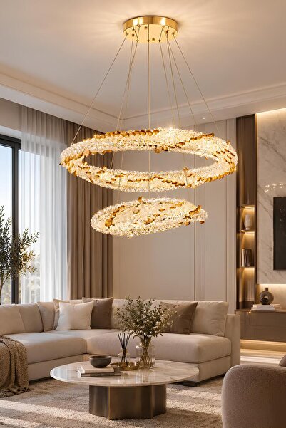 Elvora Home Modern (PREMIUM) Gold LEDli Avize 3 Renk Sarkıt Salon Yemek Odası...