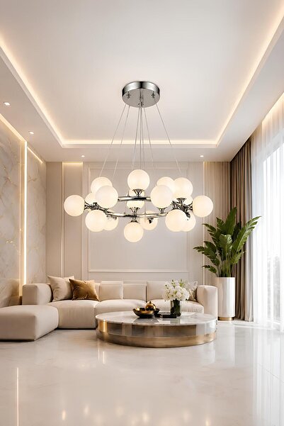 Elvora Home Modern (PREMİUM) 15'li Sarkıt Avizesi Krom Gövde Küre Salon Mutfa...