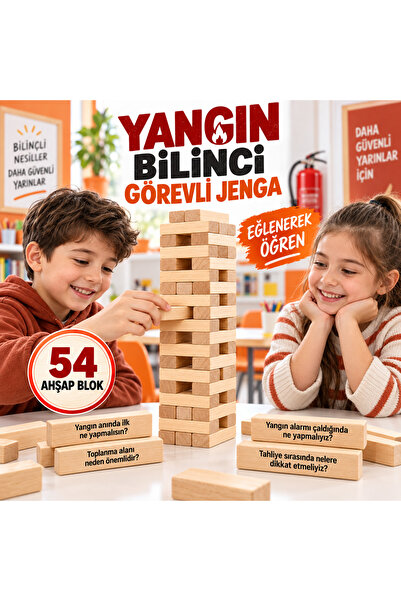 TOTTERİQ Yangın Bilinci Görevli Ahşap Jenga 54 Parça Eğitici Denge Oyunu