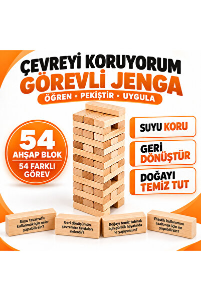 TOTTERİQ Kids Protecting the Environment Wooden Jenga 54 Piece Educational Ba...