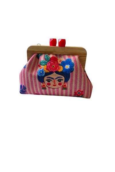 handedizayn Wooden Scholar Pink Frida Kahlo Patterned Women's Clutch Handbag