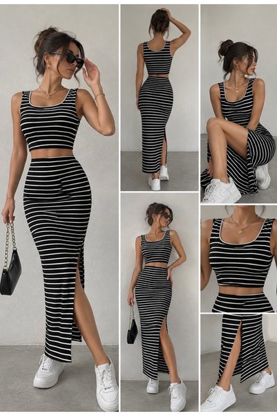 hipnoz butik Kadın Burgu Kumaş Etek Crop Çizgili Takım