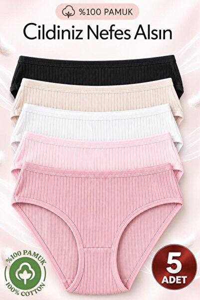 5'li Kadın Karışık Renkli %100 Pamuk Fitilli Bikini Külot Seti