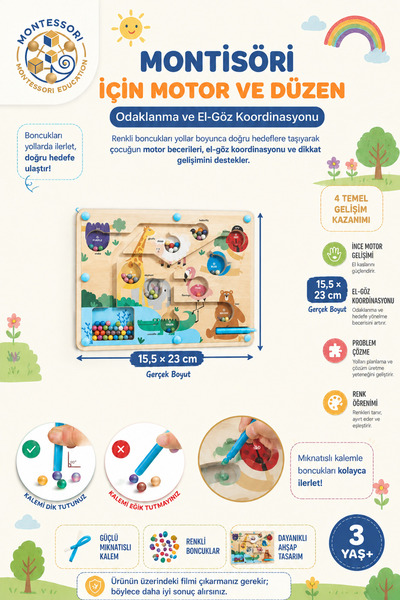 BBSKY Montessori Manyetik Ahşap Hayvanlar Labirenti 3+ Yaş Eğitici Renk Eşleş...