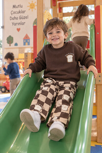 AduraKids Bisiklet Yaka Baskılı kahverengi Sweatshirt ve Pantolon takım