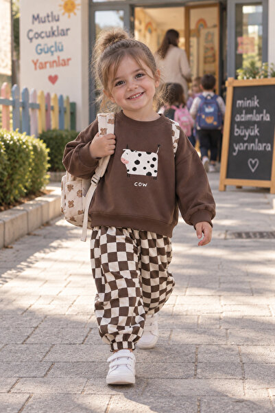 AduraKids Baskılı Kahverengi Okul Sweatshirt ve Dama Desenli Eşofman Altı Takımı
