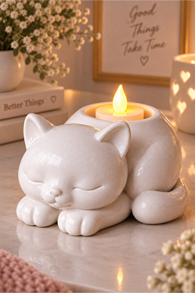 PinkyDuck Kedi Figürlü Dekoratif Mumluk – LED Mum, Hediye