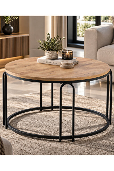 SEDAŞ LIVING UNITS Lenka Açık Ceviz Ahşap Orta Sehpa Yuvarlak Siyah Metal - s...