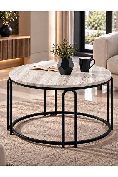 SEDAŞ LIVING UNITS Lenka Traverten Ahşap Orta Sehpa Yuvarlak Siyah Metal - se...