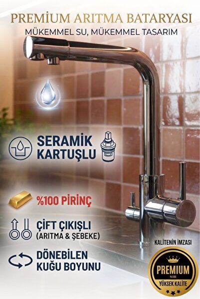 banyonatural Birinci Kalite Paslanmaz Pirinç Arıtmalı Krom Renk Eviye Bataryası