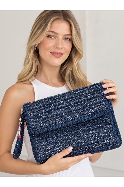 Lacivert El Örgüsü Simli Portföy Çanta – El Yapımı Örgü Clutch Çanta