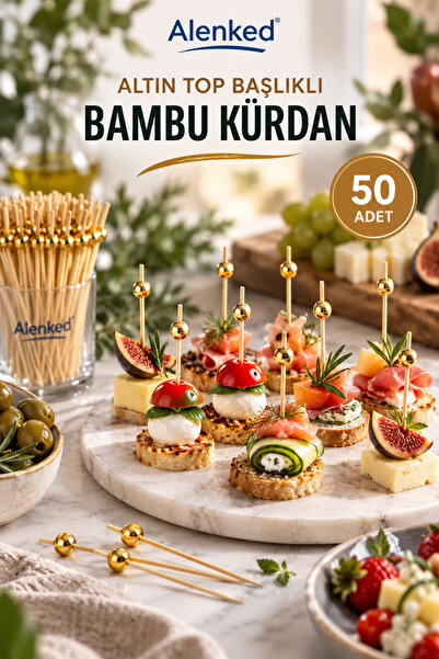 alenked Bamboo Gold Pearl Ball Toothpick 50 Pieces