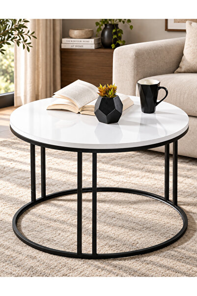 SEDAŞ LIVING UNITS Salon Orta Sehpa BEYAZ Suntalam (SİYAH) Metal Ayak Orta Sehpa