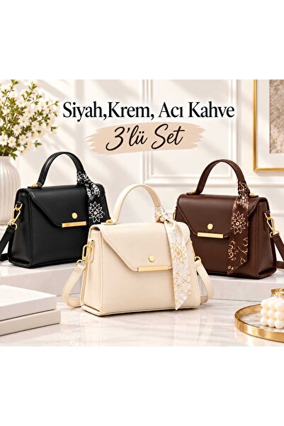 METEBAGS Siyah,Krem,Acı kahve 3'lü Paket Suni Deri Fular Detaylı Omuz& El Çan...