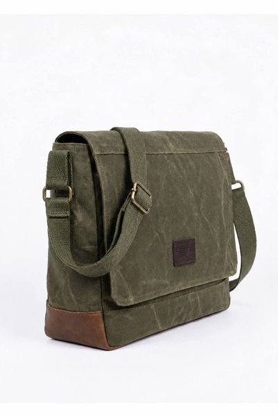 OLD COTTON BAGS Canvas Genuine Leather Detailed Unisex Tablet Netbook Compatible Water Resistant Vintage Shoulder Bag Khaki 32X40X10 cm