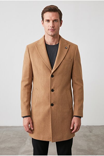Camel Erkek Kaşe Kaban Yünlü Slim Fit Klasik Yaka Kışlık Pardösü