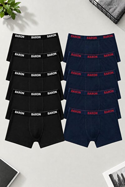 Pi Giyim 10 Adet Erkek Siyah-Lacivert Ekonomik Pamuklu Likralı Boxer Short