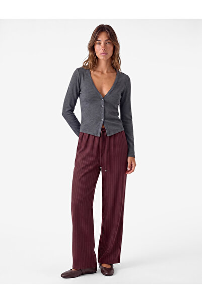 Koton Flat Wide-Leg Striped Trousers with Tie Belt and Side Pockets