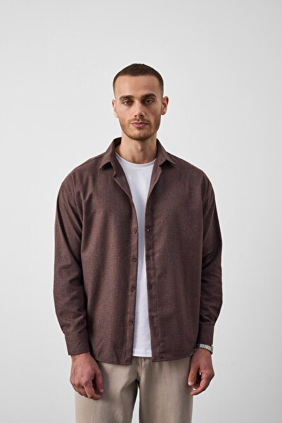 Valiberta Pixel Relaxed Fit Pamuklu Mikro Çizgili Flanel Erkek Gömlek - Kahve