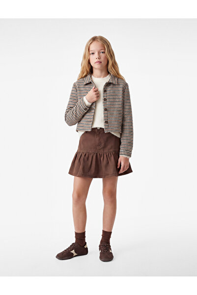 Koton Buttoned Long Sleeve Classic Collar Patterned Crop Tweed Jacket