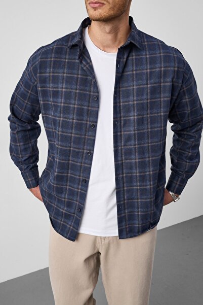 Valiberta Dragon Relaxed Fit Pamuklu Kareli Flanel Erkek Gömlek - Mavi