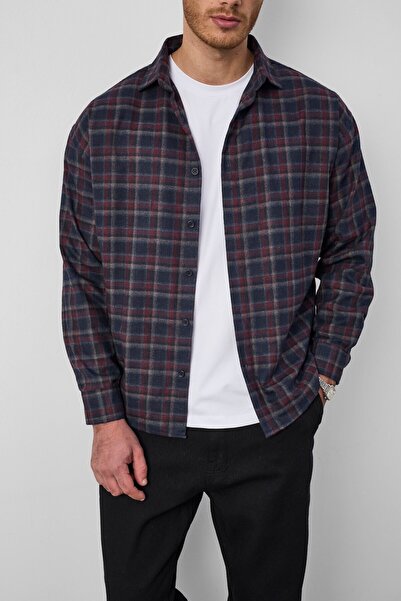 Valiberta Dragon Relaxed Fit Pamuklu Kareli Flanel Erkek Gömlek - Bordo