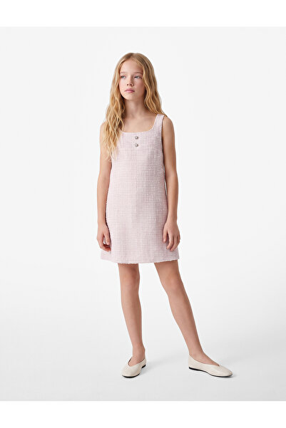 Koton Square Neck Sleeveless Button Detail Tweed Gilet Dress