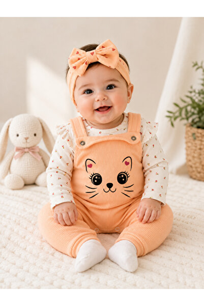 bebekyol Kedi Baskılı Kız Bebek Tulum