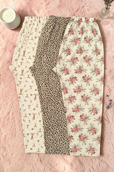 Kadın 3'lü Paket Lastikli Bel Uzun Desenli Pijama Rahat Kesim Ev Giyim - Günlük Konfor ve Şıklık
