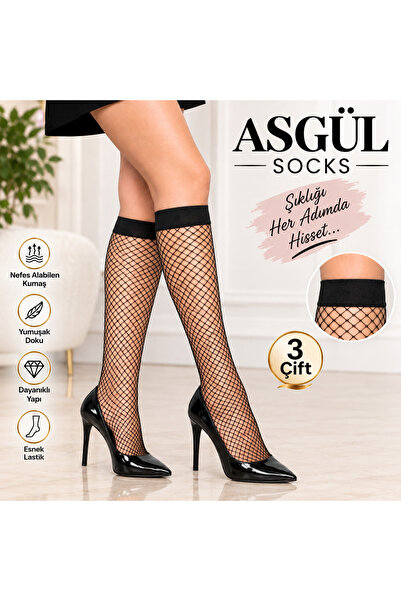 ASGÜL SOCKS Kadın Siyah Diz Altı File Çorap 3lü