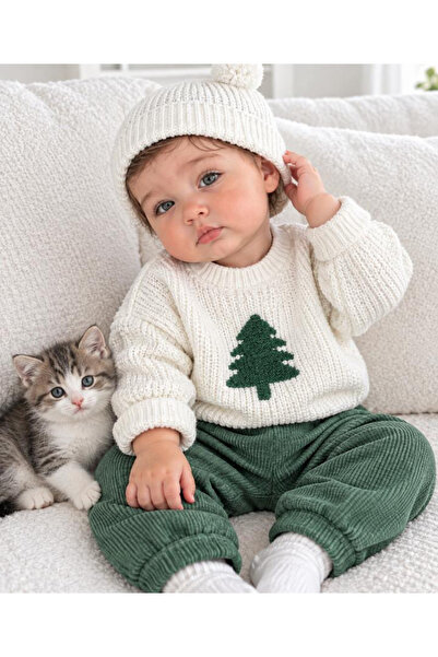 Bolly Baby Triko Kazak Çam ve Geyik Nakışlı Kaşkorse Pantolon Triko Bere Over...