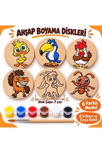 TOTTERİQ Desenli diskler 6’lı Ahşap Boyama Diskleri 7 cm Çiftlik Hayvanları B...