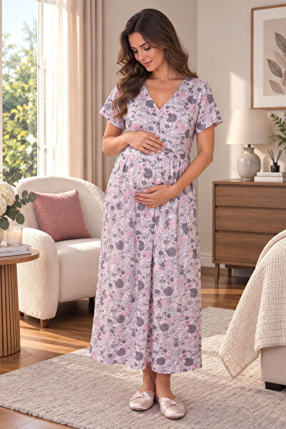 ByLohusa Floral Patterned V-Neck Long Maternity Dress Effortt - Purple