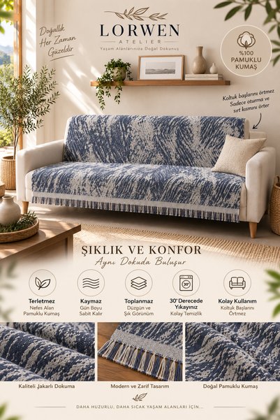 The Lorıen Atelıer Buldan Cotton Jacquard Pattern Indigo Blue Sofa Cover & Multi-Purpose Cover