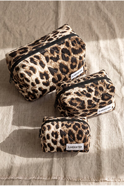 Bestway ve Diğeri Leopard Patterned Quilted 3-Piece Makeup Travel Organizer and Cosmetic Bag Set