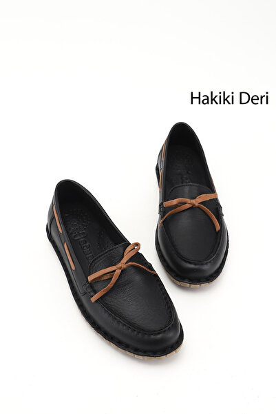 GÖNDERİ(R) Women's Black Bowknot Genuine Leather Comfort Loafer