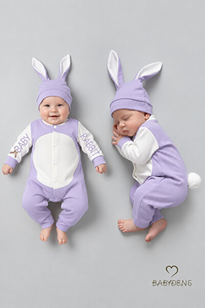 BABYDEN'S Tavşan Kulaklı Yenidoğan Tulum Seti %100 Pamuklu Ayarlanır Ponponlu...