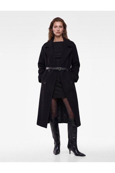 Koton Long Sleeve Pocketed Buttoned Belted Double Breasted Long Cashmere Coat