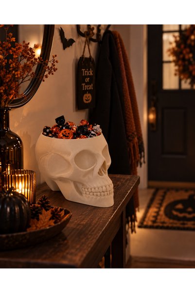 Maflen Halloween Cadılar Bayramı Dekoru Süsü Kuru Kafa Skull Kase Dekoratif Obje