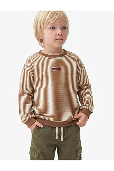 Koton Label Detailed Shirred Crew Neck Long Sleeve Oversize Striped Sweatshirt