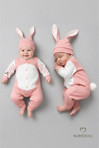 BABYDEN'S Tavşan Kulaklı Yenidoğan Tulum Seti %100 Pamuklu Ayarlanır Ponponlu...