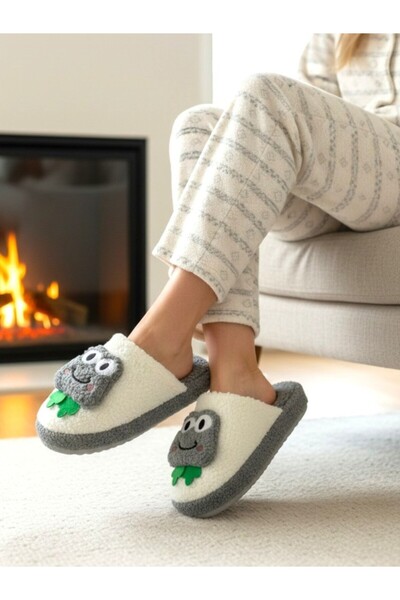 ellaboni Women's Silent Sole Plush House Slippers with Frog Figure