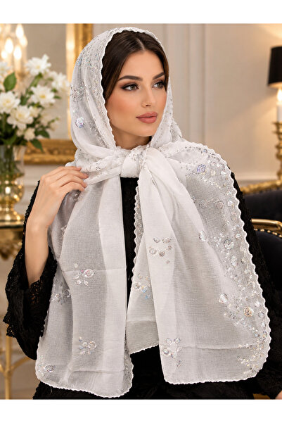 OEM Esarfa Eleganta Alba cu Broderie si Paiete/Batic, Voal Transparent, Acces...