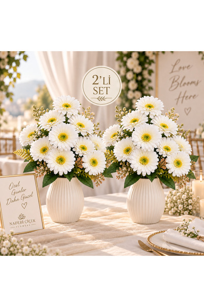 Naderi Çiçeği Naderi Çiçek 2 Adet 10’lu Lüks Beyaz Gerbera Yapay Çiçek Demeti...