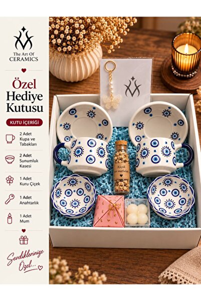Ceramic Nazar Desenli 2'li Kupa Seti MUM ANAHTARLIK KAHVE HEDİYE SETİ
