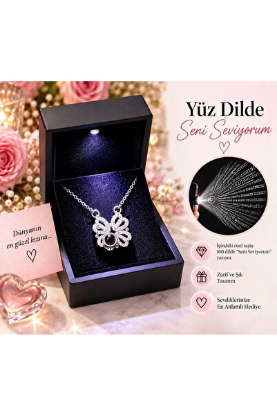 HKN AVM ACCESSORİES Işıklı Kutuda Gümüş Renk 100 dilde Seni Seviyorum Kolye açılıp kapanan yonca kolye dünyanın en güzel kızı notlu doğum günü hediyesi sevgililer günü hediyesi