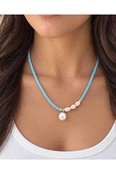 elinasaccessories Mavi Kristal Gerçek İnci Kolye Choker El Yapımı 14K altın k...